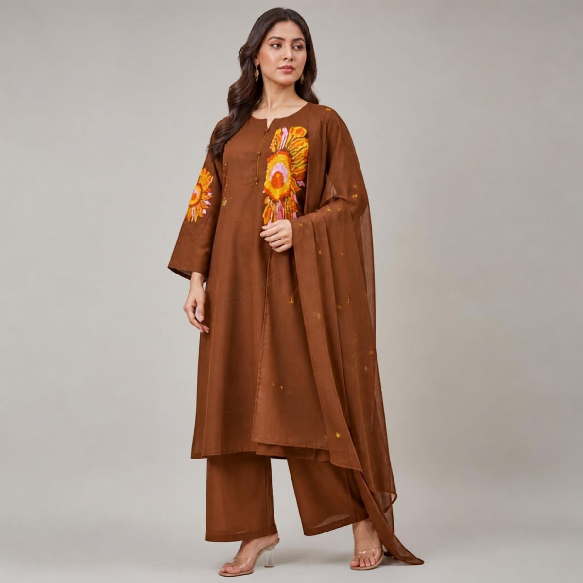 Dull Brown Pure Cotton Embroidered Kurta Pant Set
