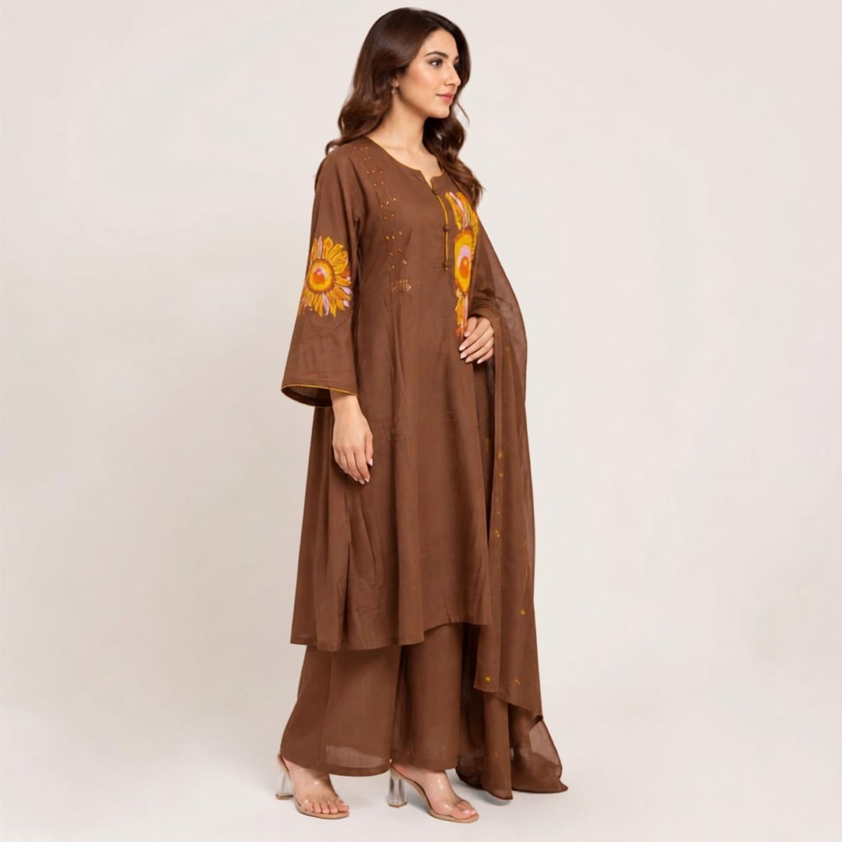 Dull Brown Pure Cotton Embroidered Kurta Pant Set