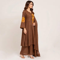 Dull Brown Pure Cotton Embroidered Kurta Pant Set