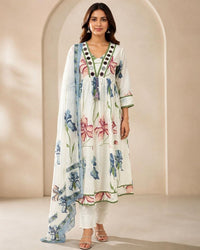 White Printed Cotton Pant Kurta Dupatta Suit