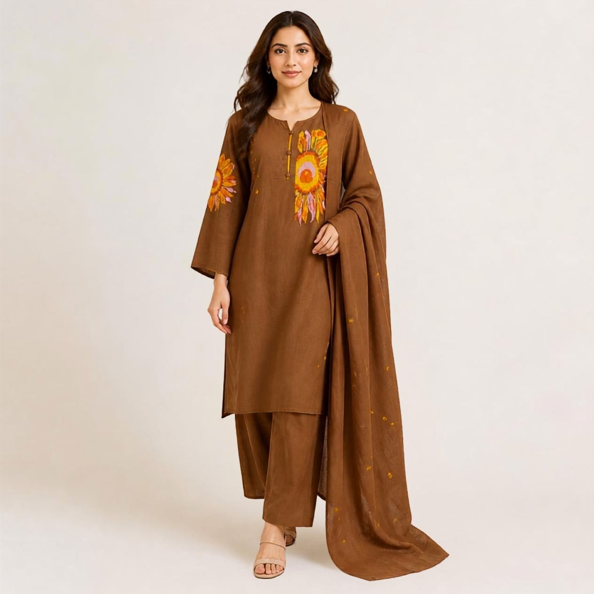 Dull Brown Pure Cotton Embroidered Kurta Pant Set