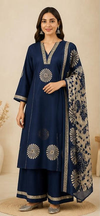 Navy Blue Cotton Printed Shell-Work Kurta Pant Set