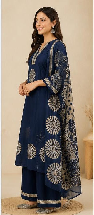 Navy Blue Cotton Printed Shell-Work Kurta Pant Set