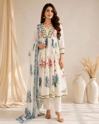 White Printed Cotton Pant Kurta Dupatta Suit