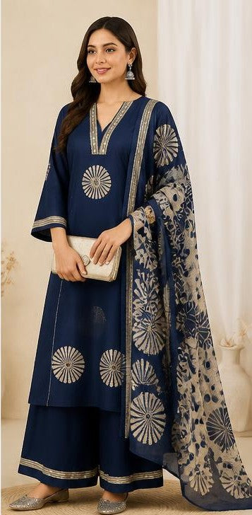 Navy Blue Cotton Printed Shell-Work Kurta Pant Set