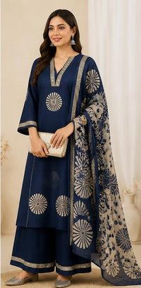 Navy Blue Cotton Printed Shell-Work Kurta Pant Set