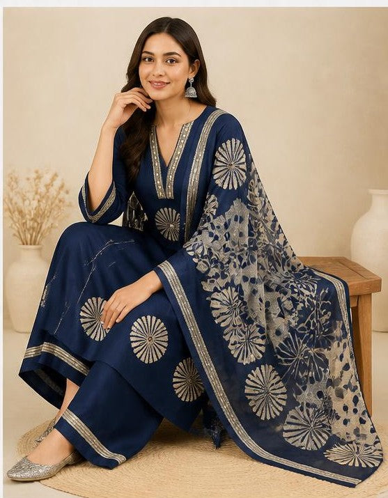 Navy Blue Cotton Printed Shell-Work Kurta Pant Set