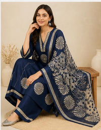 Navy Blue Cotton Printed Shell-Work Kurta Pant Set