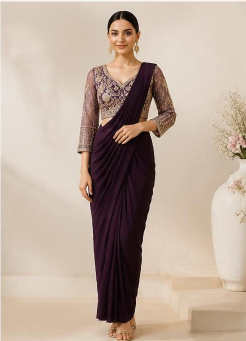 Dark Purple Ready-to-Wear Saree with Heavy-Work Blouse