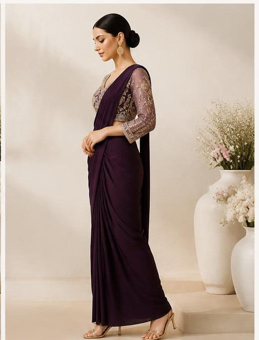 Dark Purple Ready-to-Wear Saree with Heavy-Work Blouse