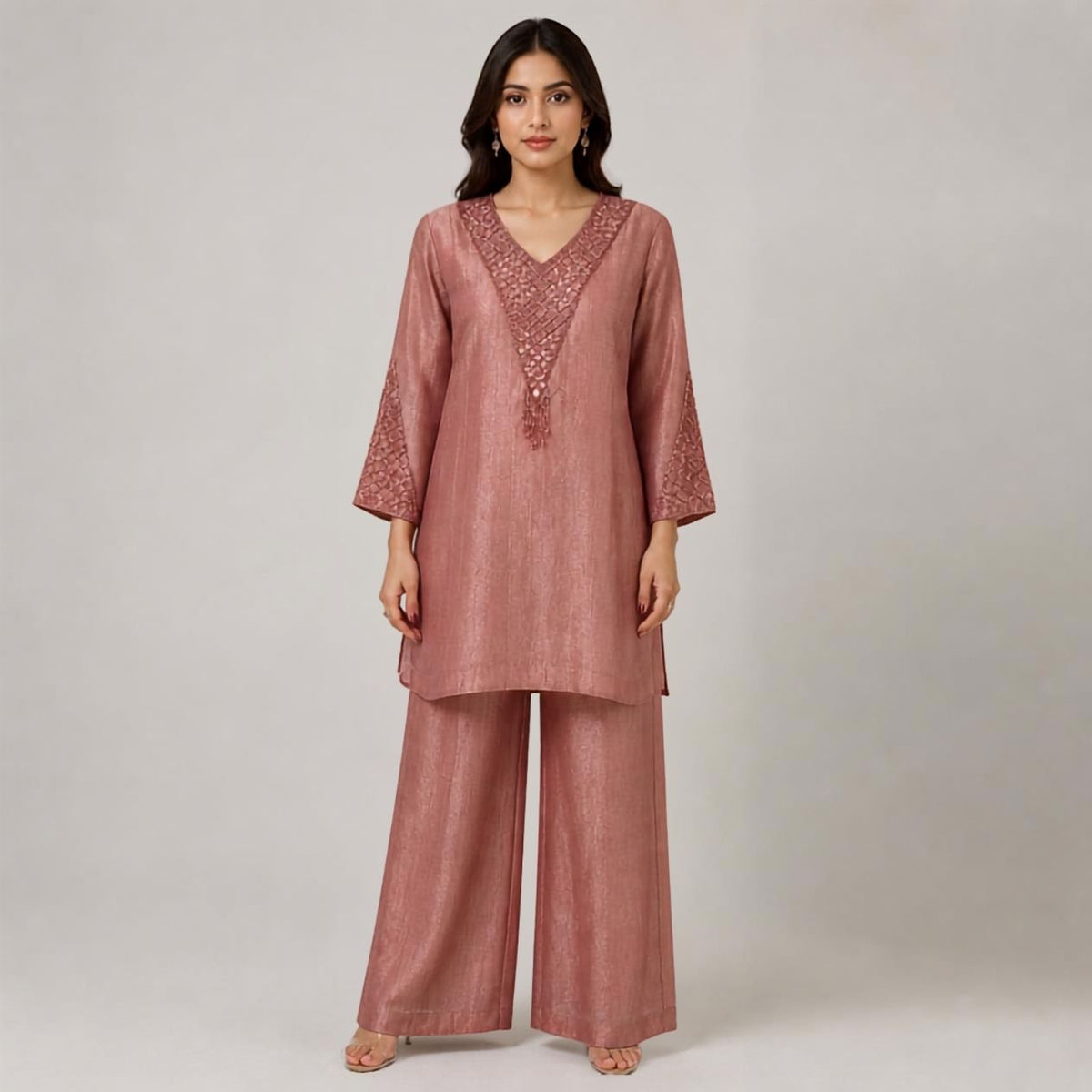 Rose Pink Tissue Handwork Pant Kurta Set