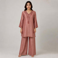 Rose Pink Tissue Handwork Pant Kurta Set