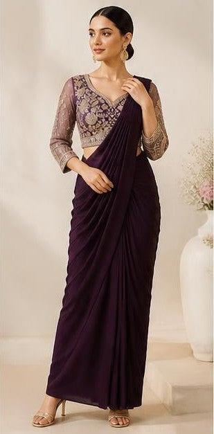 Dark Purple Ready-to-Wear Saree with Heavy-Work Blouse