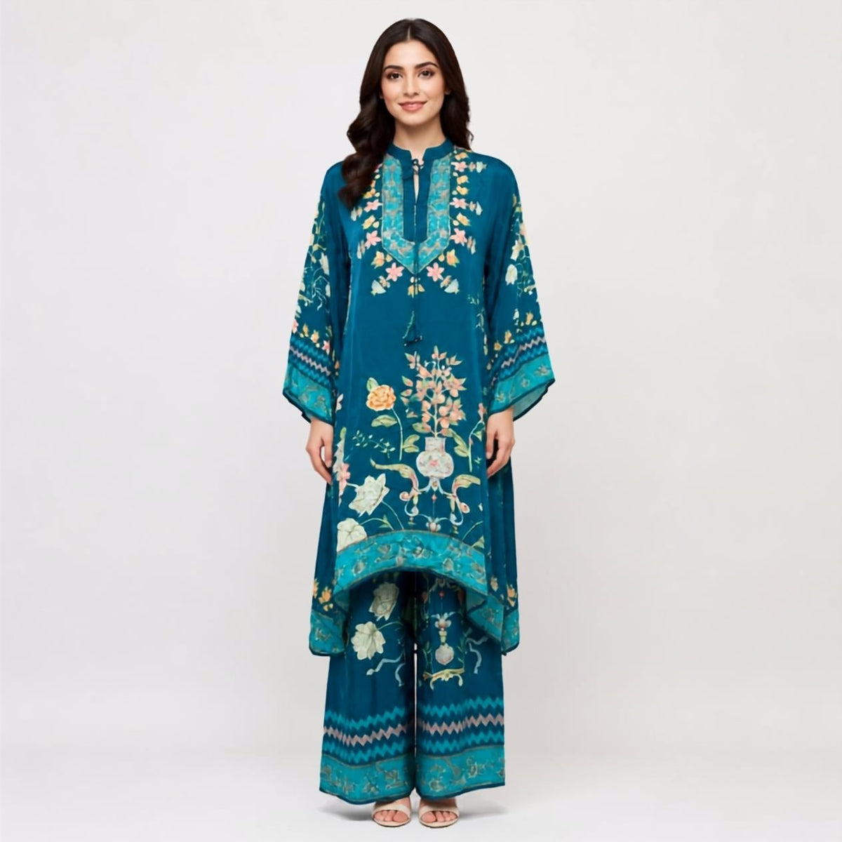 Teal Blue Pure Crêpe Printed Pant Kurta Set