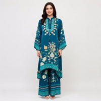 Teal Blue Pure Crêpe Printed Pant Kurta Set