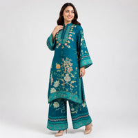 Teal Blue Pure Crêpe Printed Pant Kurta Set