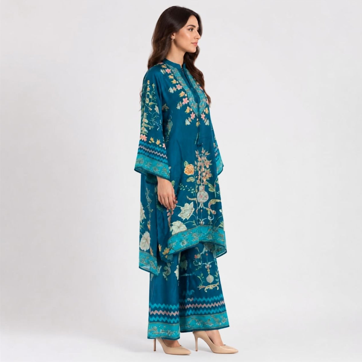 Teal Blue Pure Crêpe Printed Pant Kurta Set
