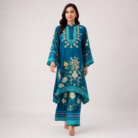 Teal Blue Pure Crêpe Printed Pant Kurta Set