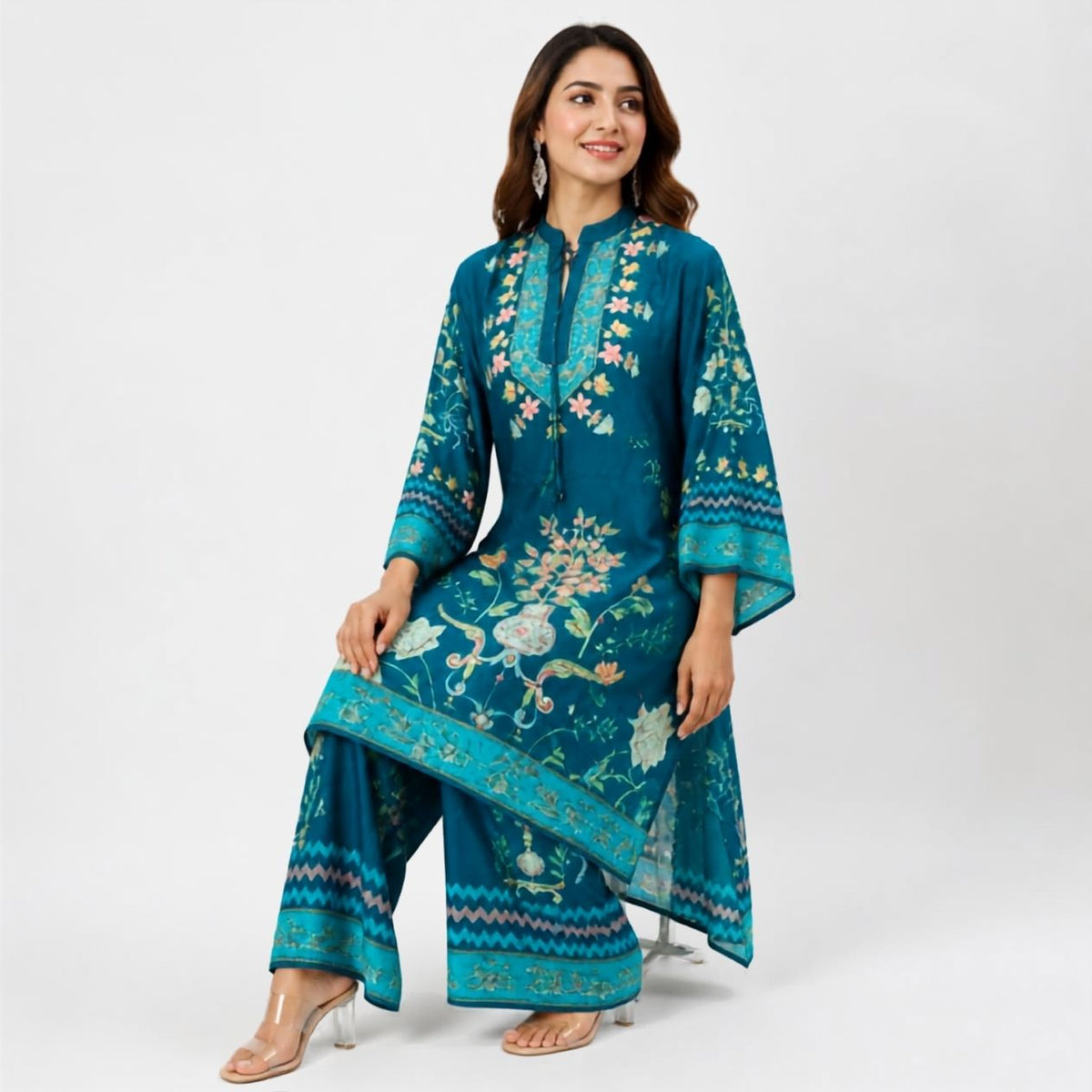 Teal Blue Pure Crêpe Printed Pant Kurta Set