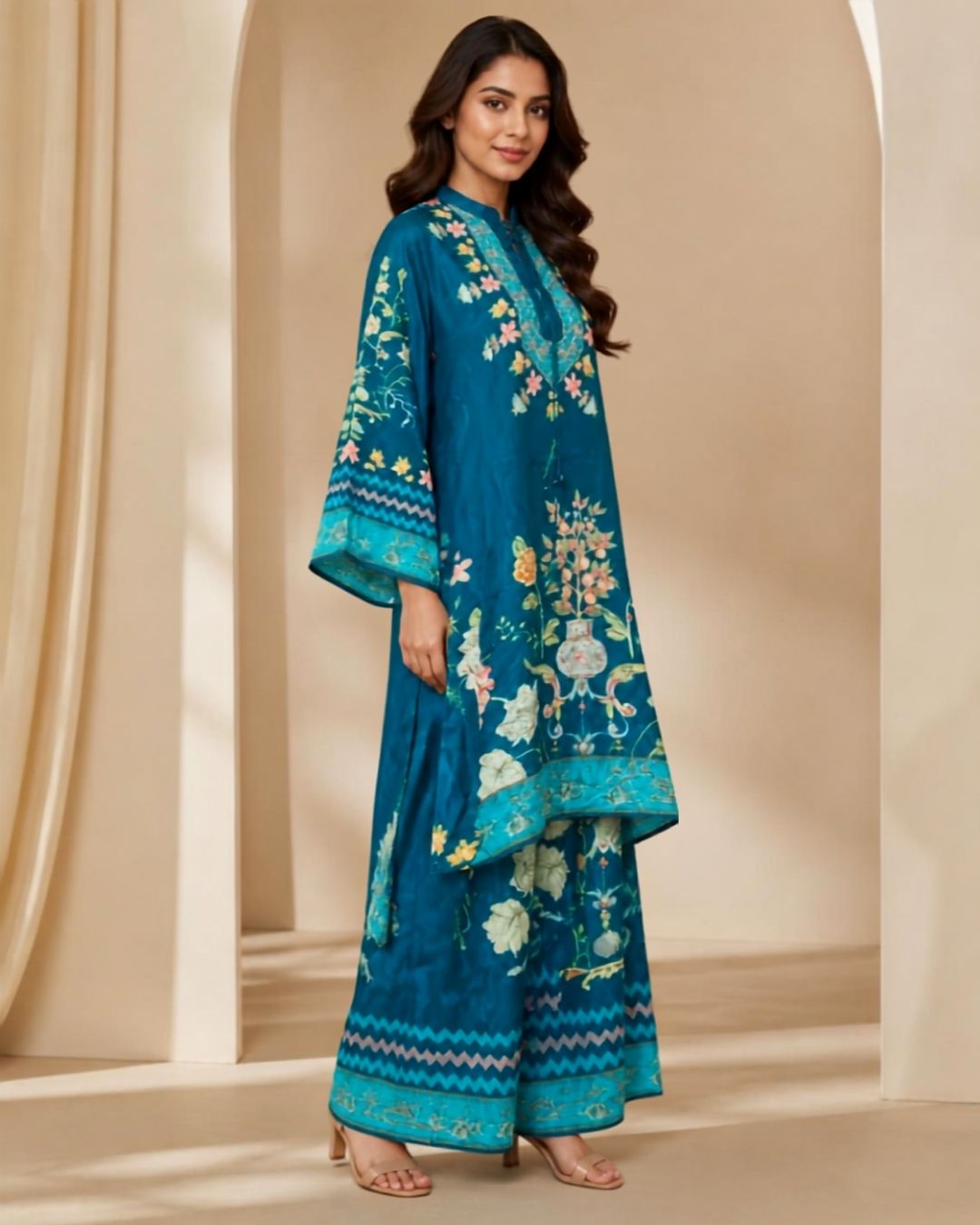 Teal Blue Pure Crêpe Printed Pant Kurta Set