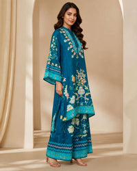 Teal Blue Pure Crêpe Printed Pant Kurta Set