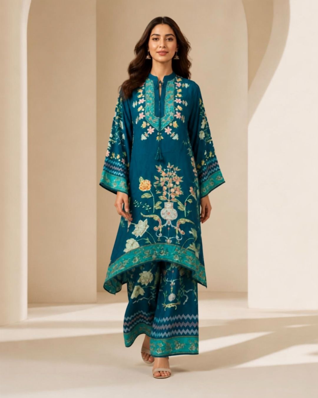 Teal Blue Pure Crêpe Printed Pant Kurta Set