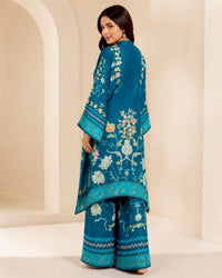 Teal Blue Pure Crêpe Printed Pant Kurta Set