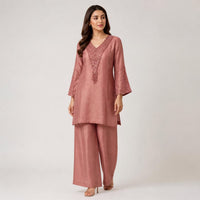 Rose Pink Tissue Handwork Pant Kurta Set