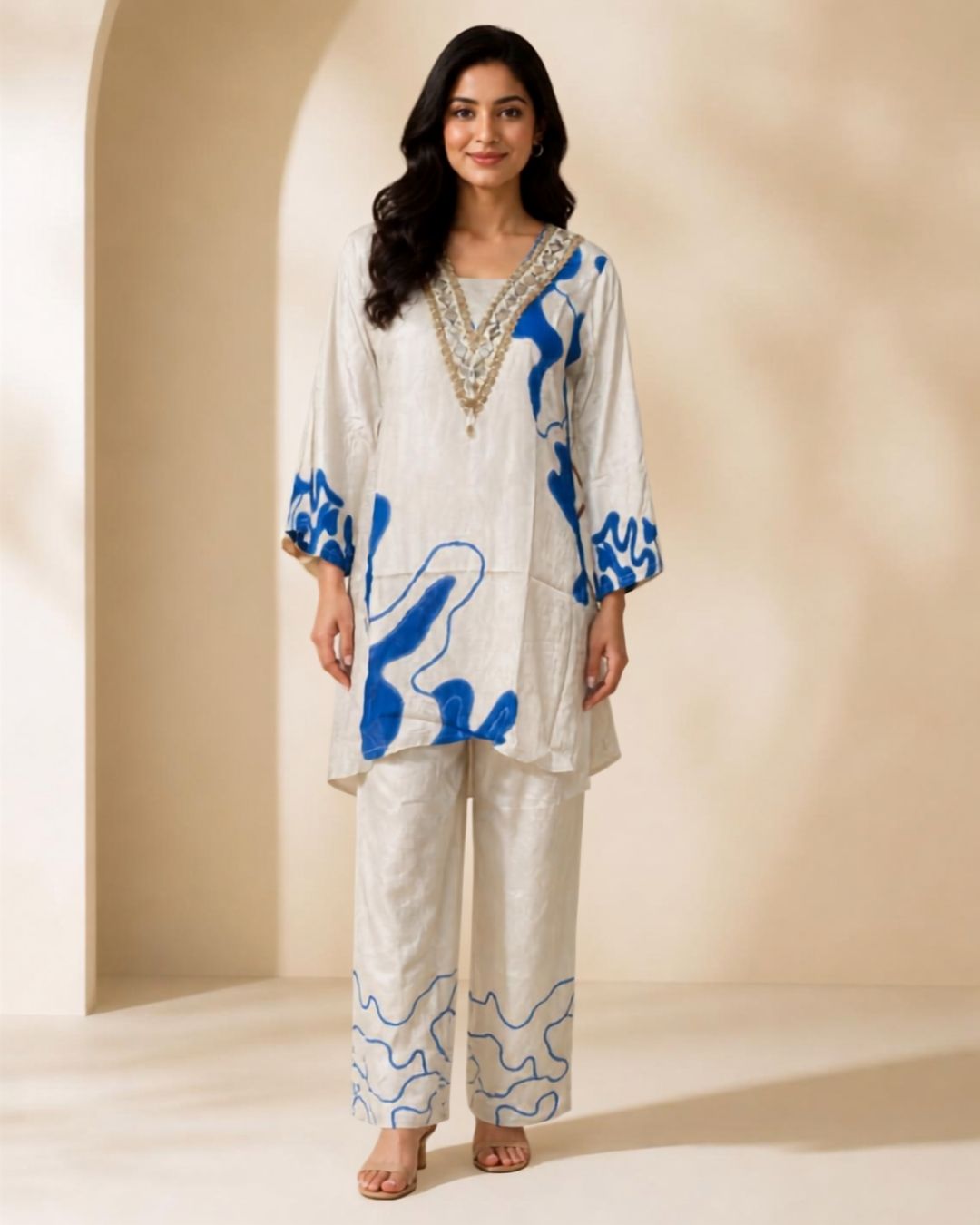 Off-White Crêpe Printed Mirror-Work Pant Kurta Set
