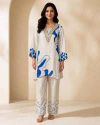 Off-White Crêpe Printed Mirror-Work Pant Kurta Set