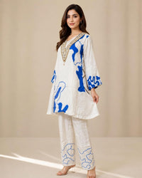Off-White Crêpe Printed Mirror-Work Pant Kurta Set
