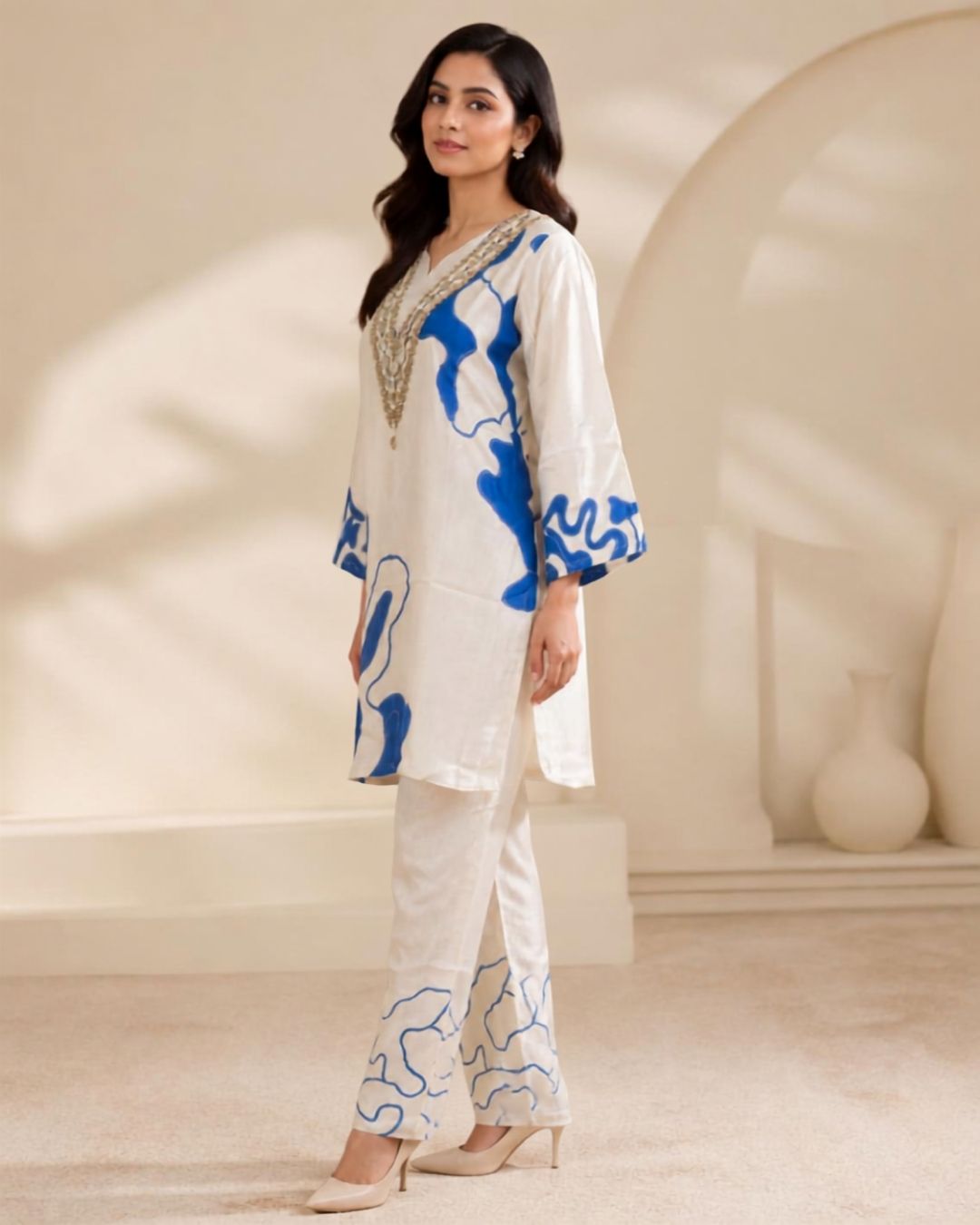 Off-White Crêpe Printed Mirror-Work Pant Kurta Set