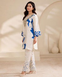 Off-White Crêpe Printed Mirror-Work Pant Kurta Set