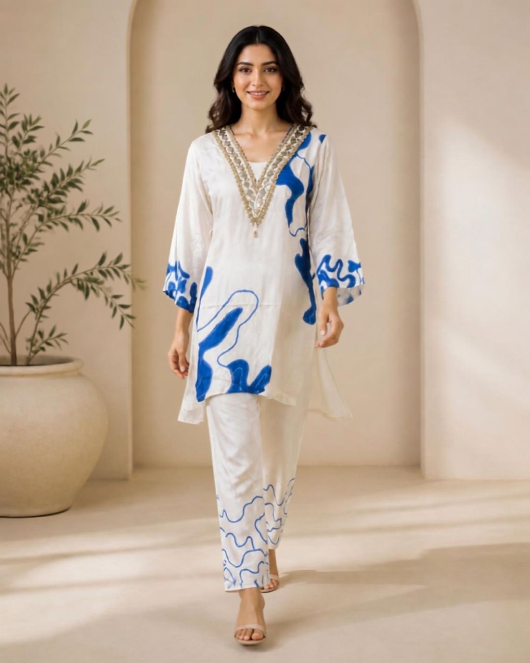 Off-White Crêpe Printed Mirror-Work Pant Kurta Set