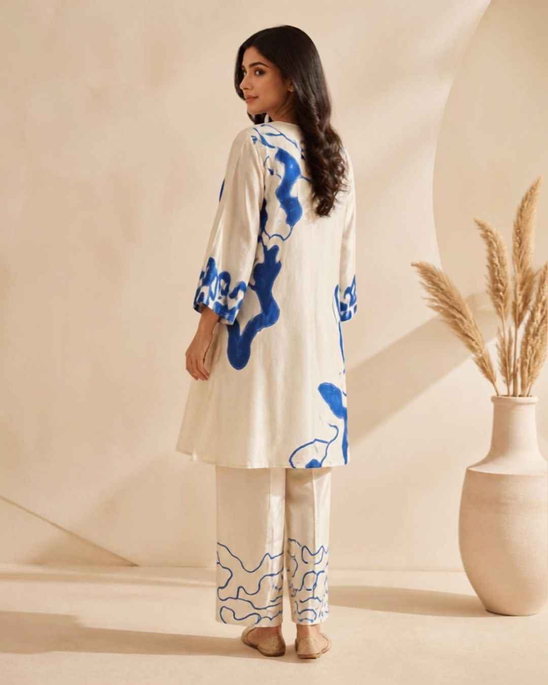 Off-White Crêpe Printed Mirror-Work Pant Kurta Set