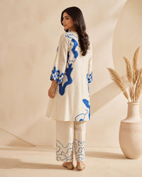 Off-White Crêpe Printed Mirror-Work Pant Kurta Set