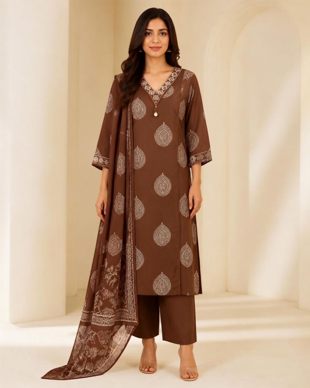 Light Brown Cotton Printed Kurta Pant Set