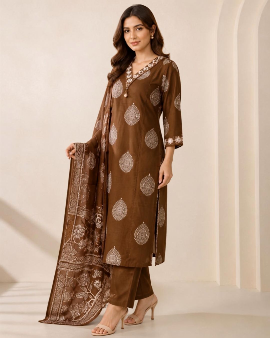 Light Brown Cotton Printed Kurta Pant Set