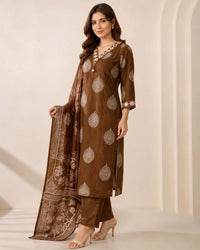 Light Brown Cotton Printed Kurta Pant Set