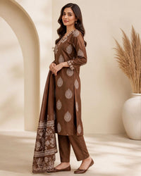 Light Brown Cotton Printed Kurta Pant Set