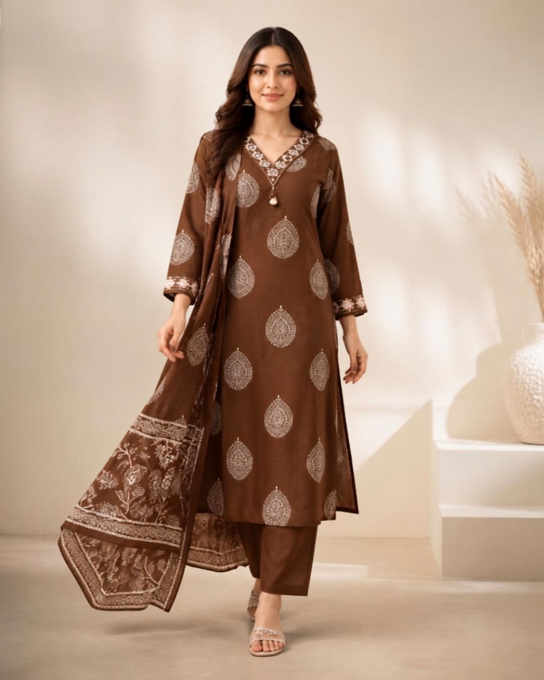Light Brown Cotton Printed Kurta Pant Set