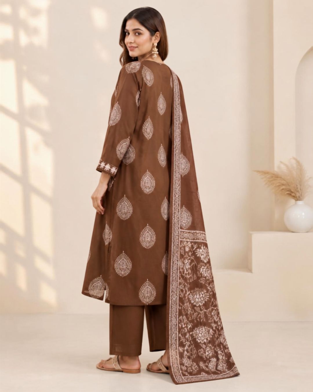 Light Brown Cotton Printed Kurta Pant Set