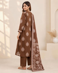 Light Brown Cotton Printed Kurta Pant Set