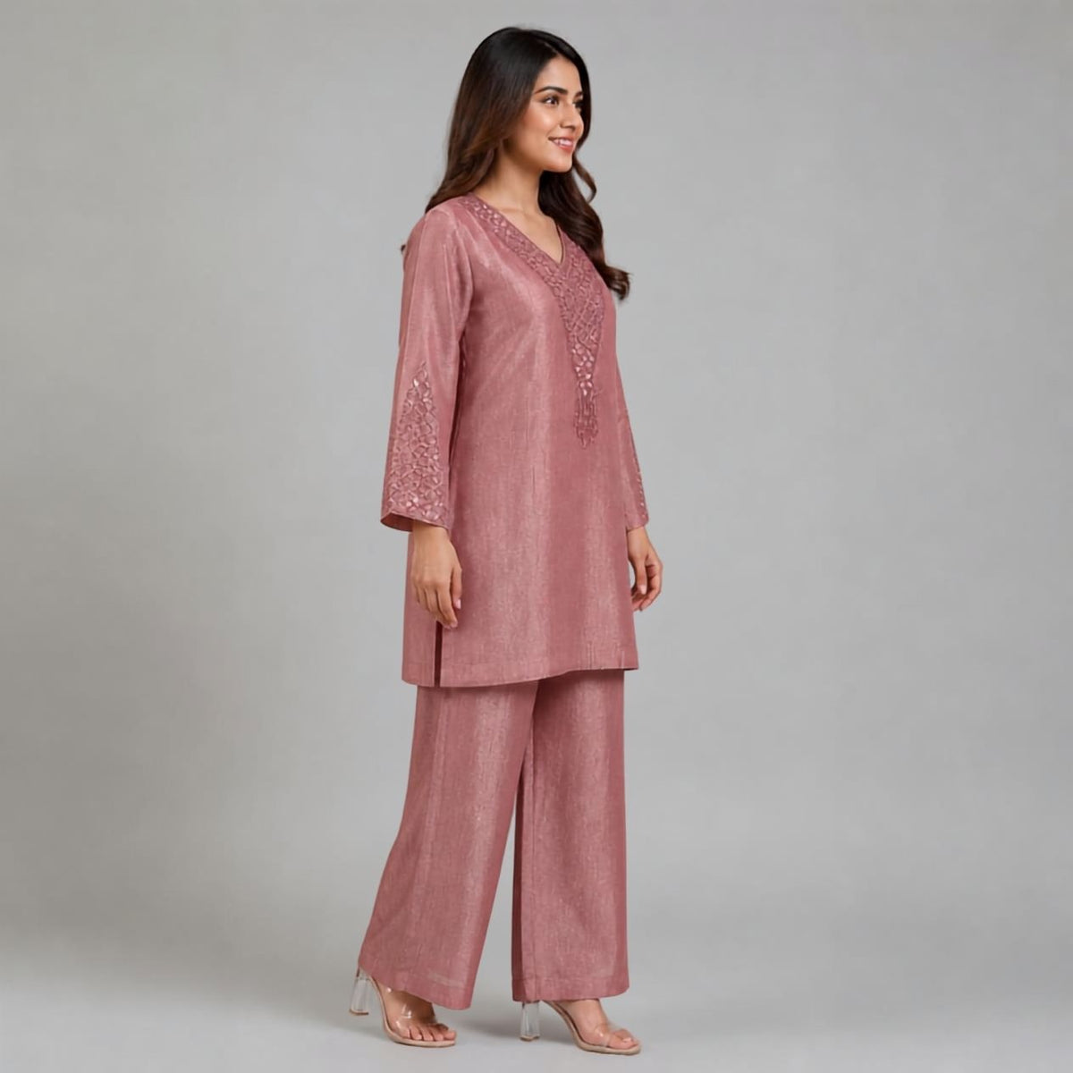 Rose Pink Tissue Handwork Pant Kurta Set
