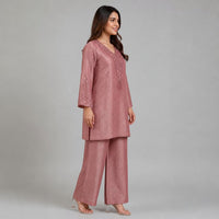 Rose Pink Tissue Handwork Pant Kurta Set