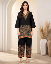 Black Cotton Kashmiri-Print Kurta Set