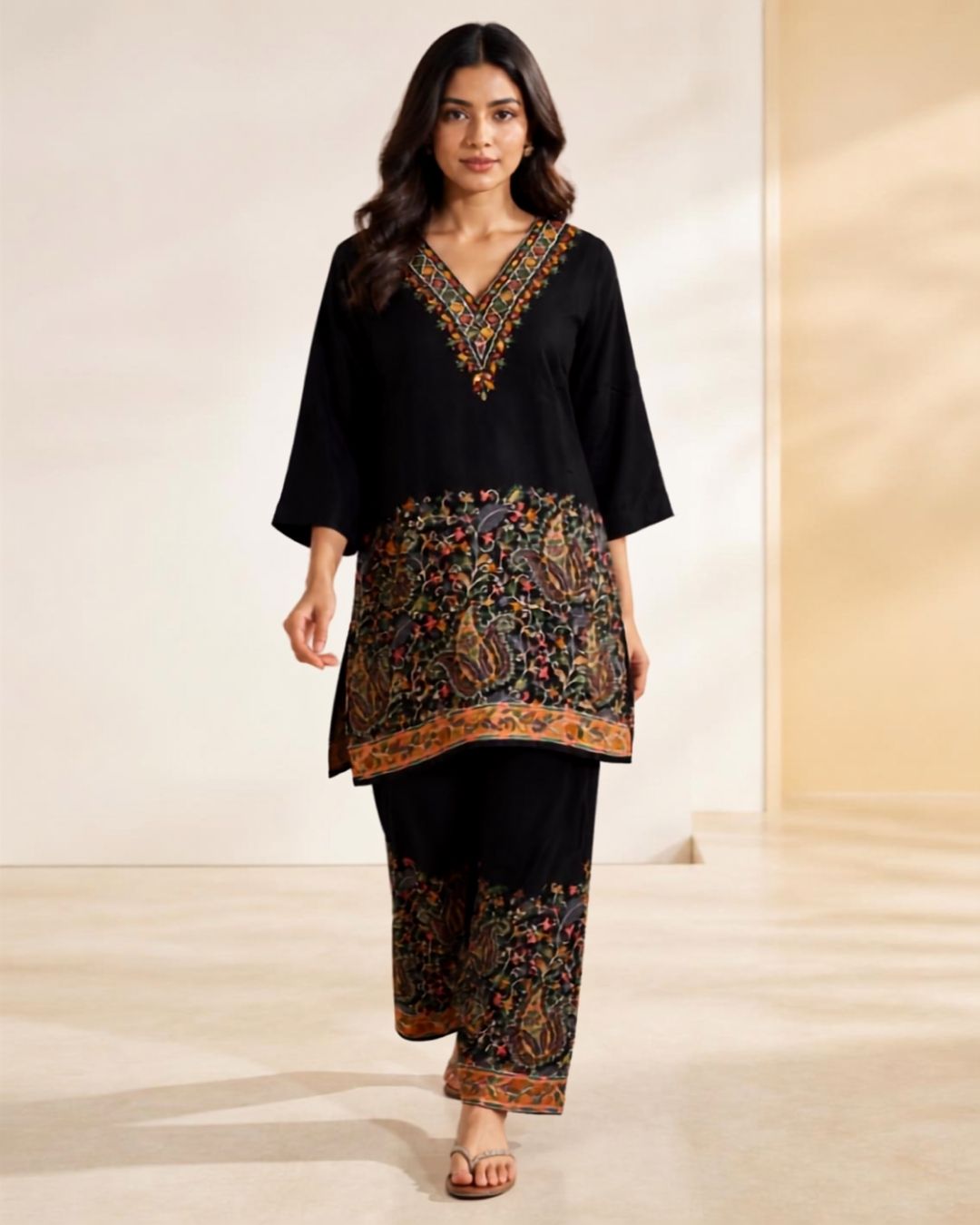 Black Cotton Kashmiri-Print Kurta Set