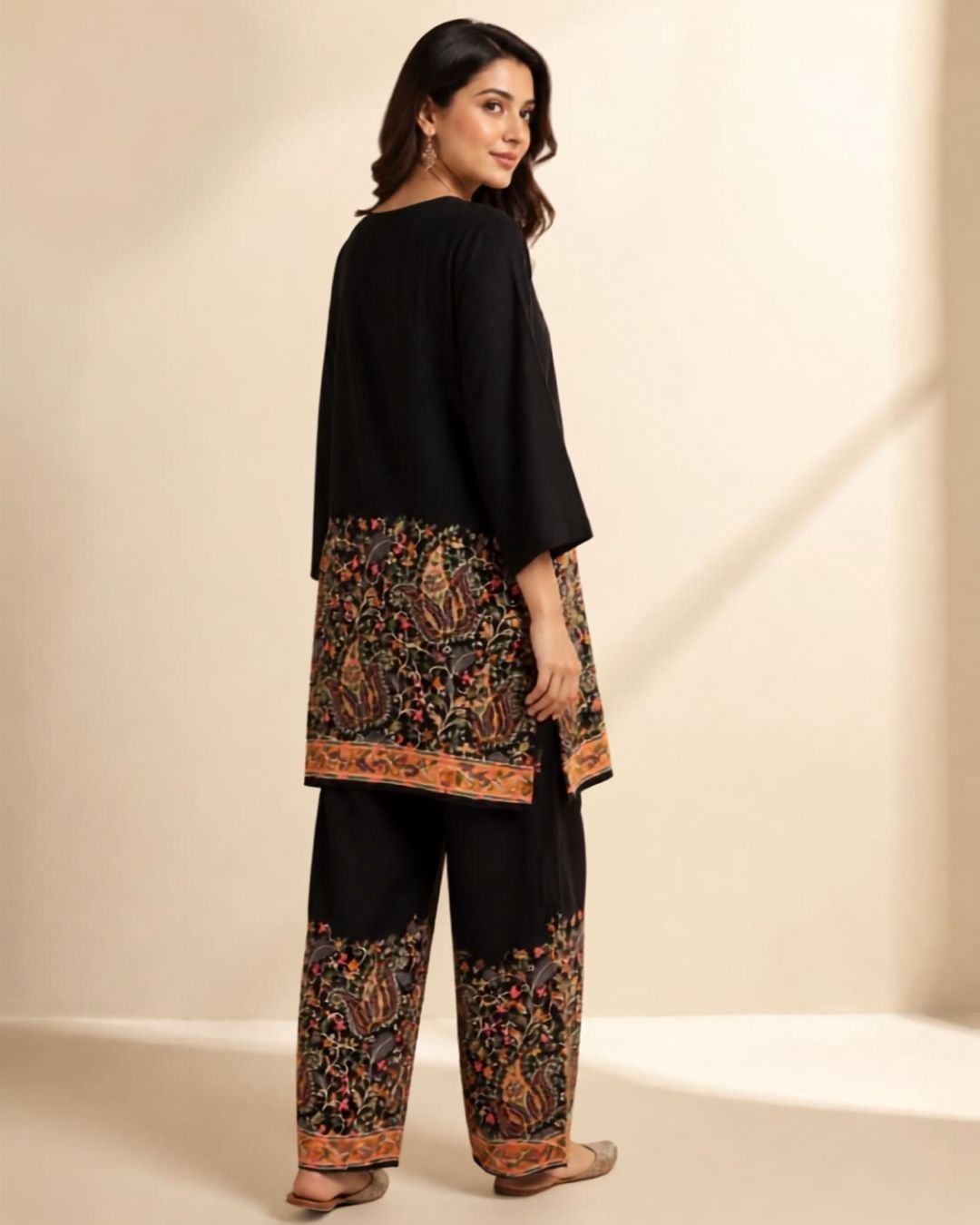 Black Cotton Kashmiri-Print Kurta Set