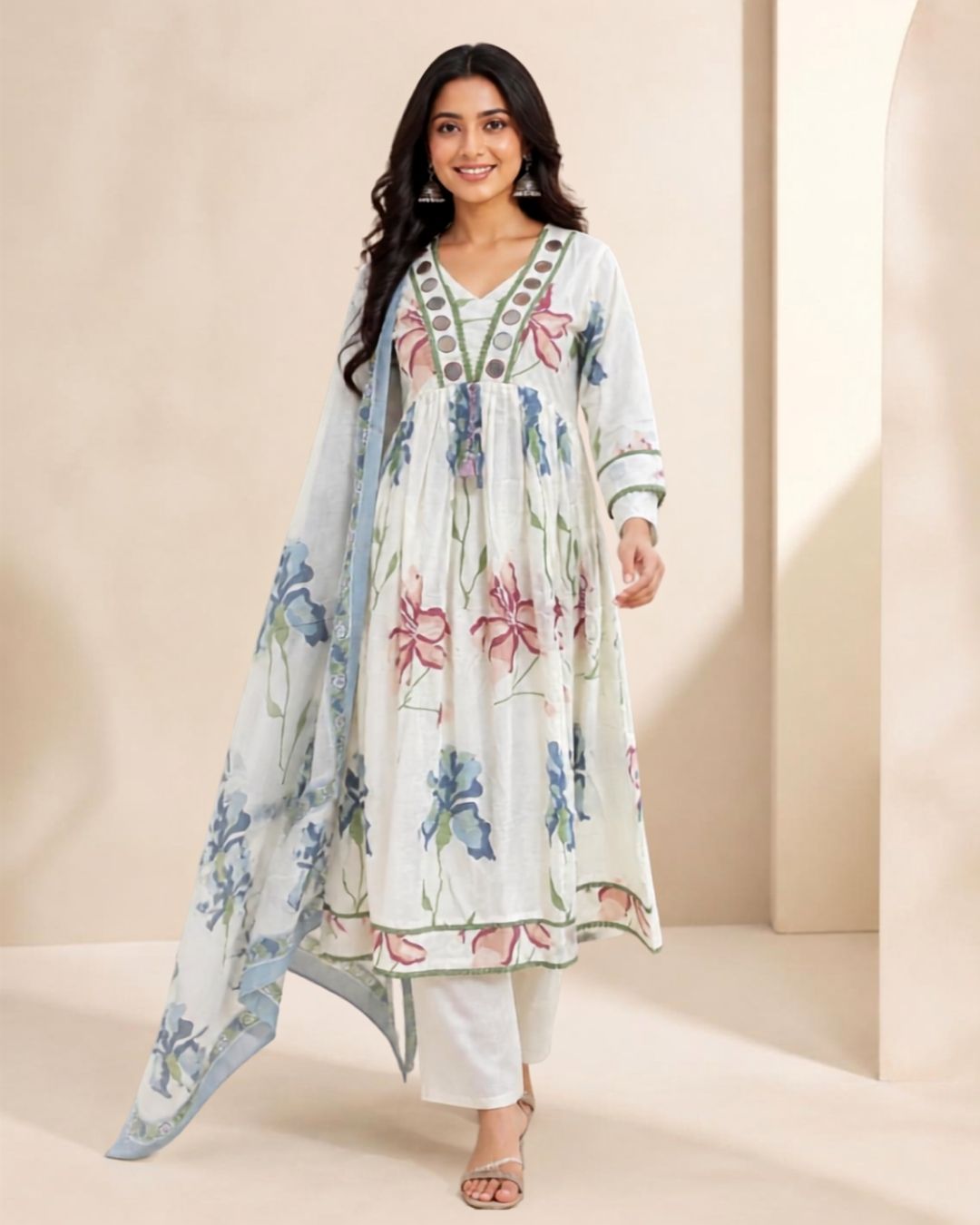 White Printed Cotton Pant Kurta Dupatta Suit