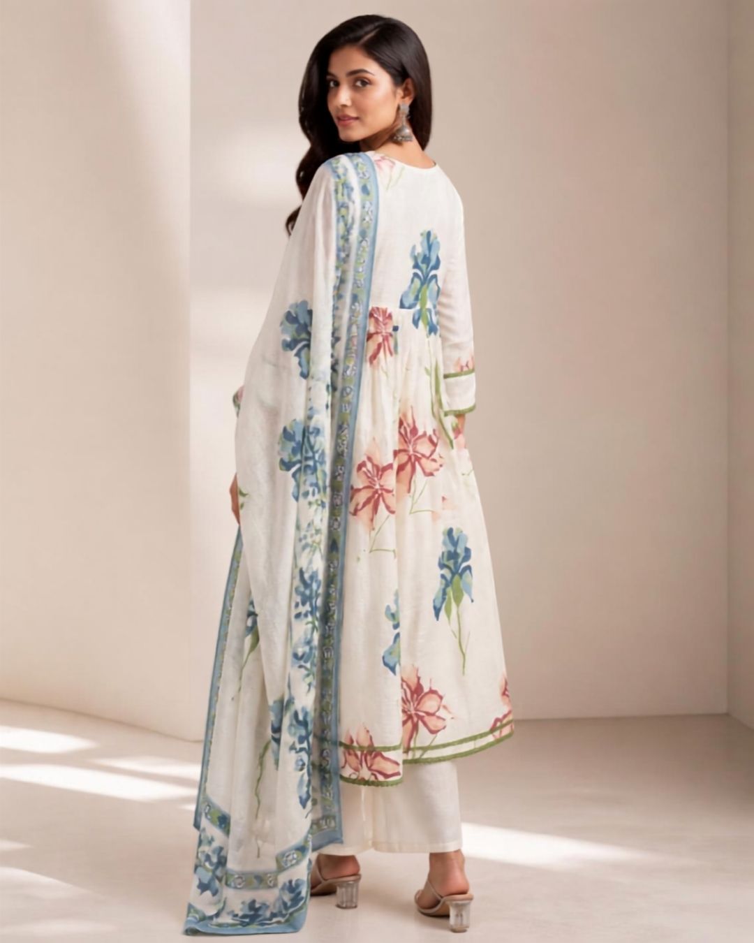 White Printed Cotton Pant Kurta Dupatta Suit